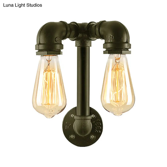 Industrial Wall Mounted Lamp With 2 Open Bulbs And Pipe Design In Bronze/Black For Bathroom