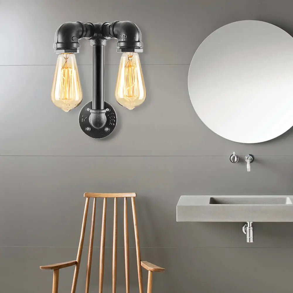 Industrial Wall Mounted Lamp With 2 Open Bulbs And Pipe Design In Bronze/Black For Bathroom Aged