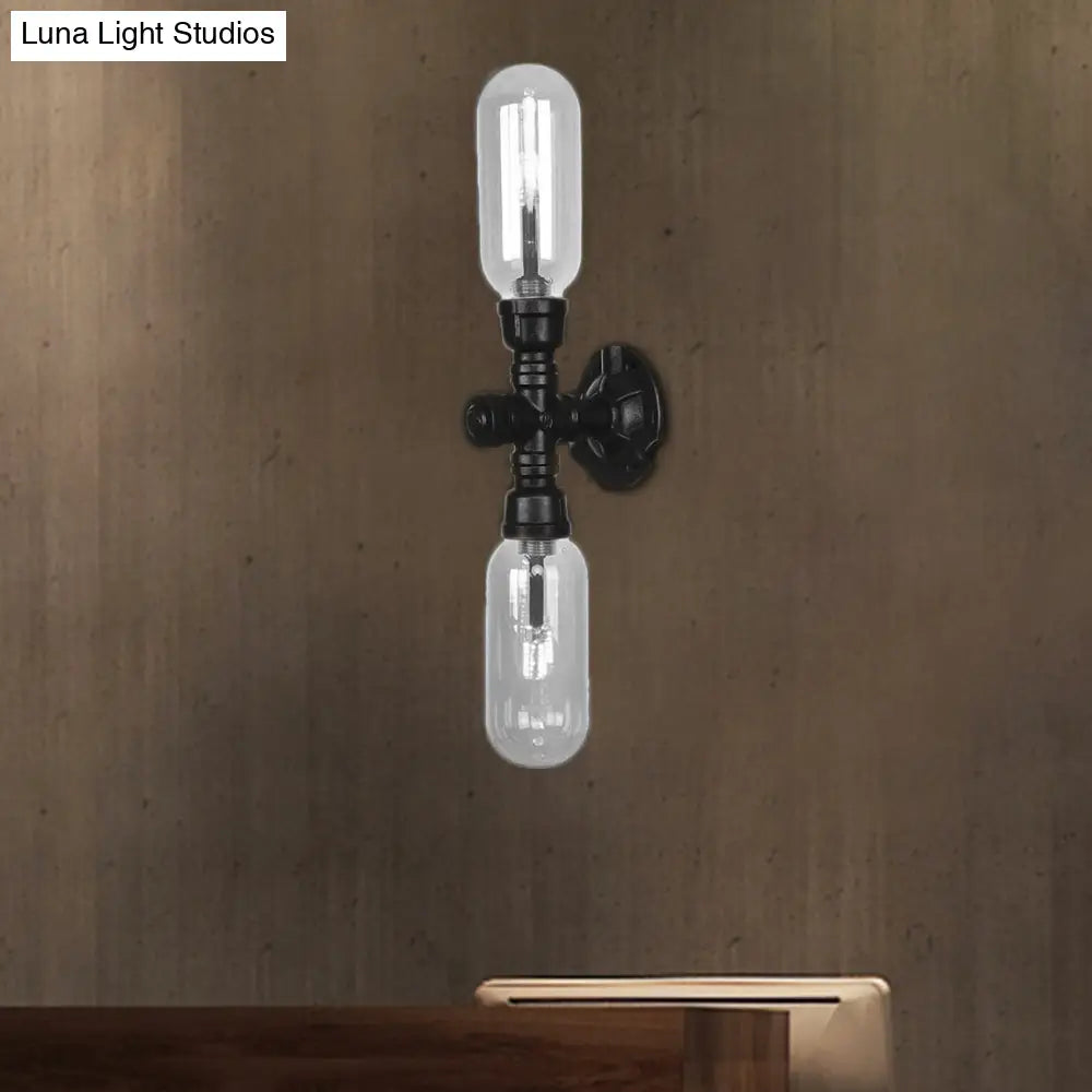 Industrial Wall Mounted Pipe Lighting With Clear Glass Black Sconce & Dual Or Quadruple Light