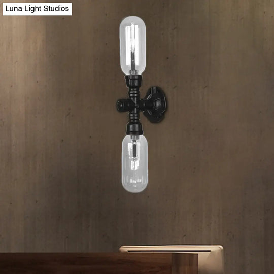 Industrial Wall Mounted Pipe Lighting With Clear Glass Black Sconce & Dual Or Quadruple Light