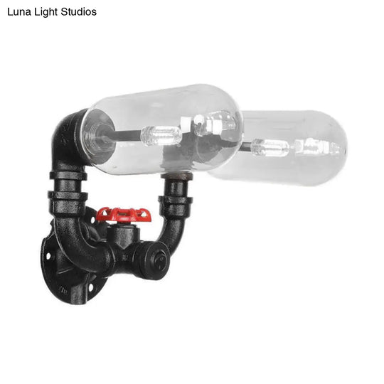 Industrial Wall Mounted Pipe Lighting With Clear Glass Black Sconce & Dual Or Quadruple Light