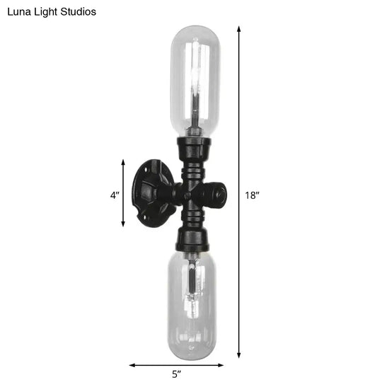 Industrial Wall Mounted Pipe Lighting With Clear Glass Black Sconce & Dual Or Quadruple Light