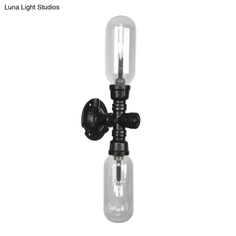 Industrial Wall Mounted Pipe Lighting With Clear Glass Black Sconce & Dual Or Quadruple Light