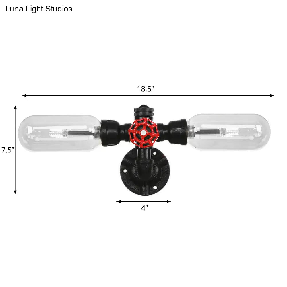 Industrial Wall Mounted Pipe Lighting With Clear Glass Black Sconce & Dual Or Quadruple Light