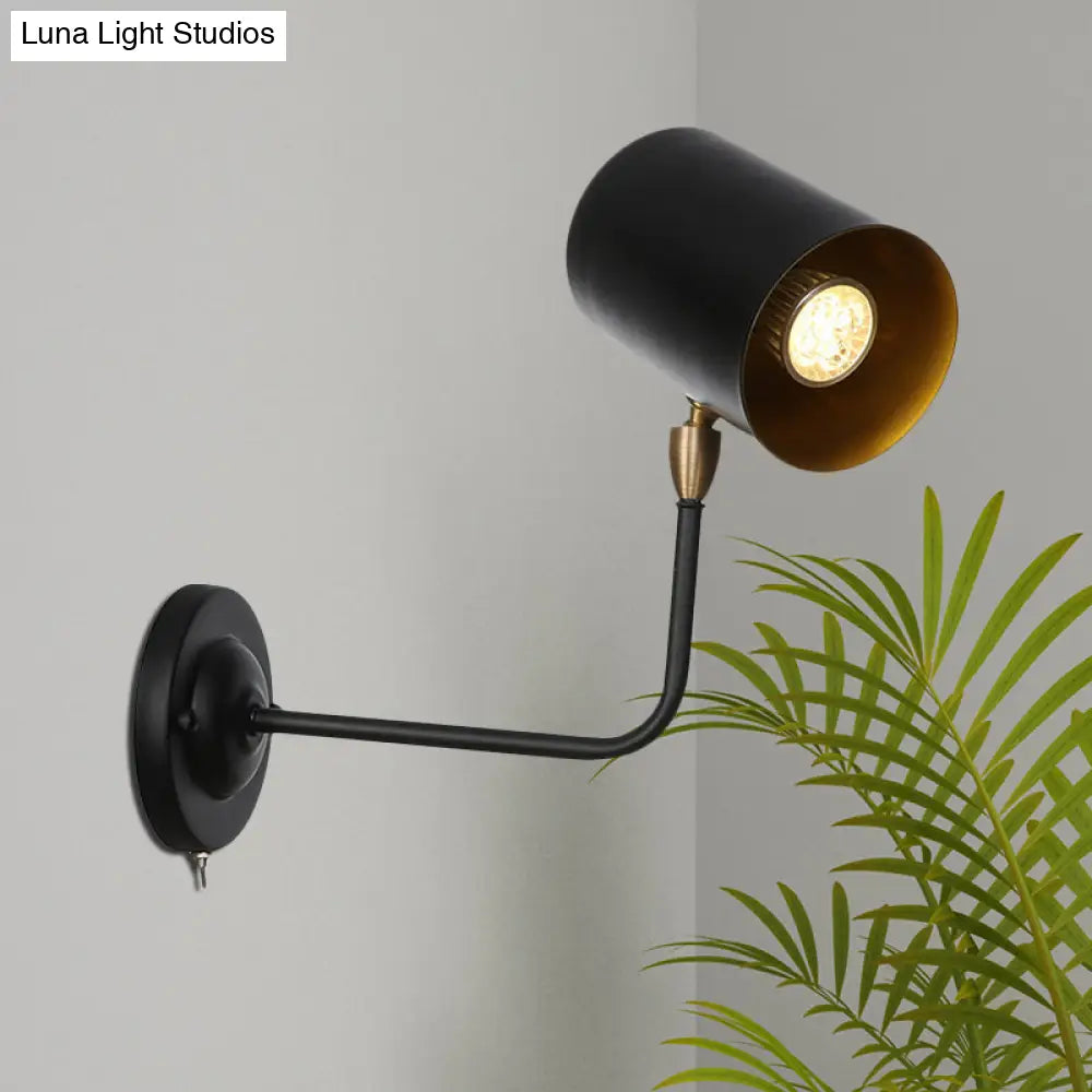 Industrial Wall Mounted Sconce Lamp In Black - Cylinder Metallic Light Fixture With Bend Arm For