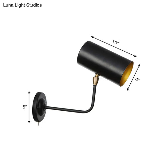 Industrial Wall Mounted Sconce Lamp In Black - Cylinder Metallic Light Fixture With Bend Arm For