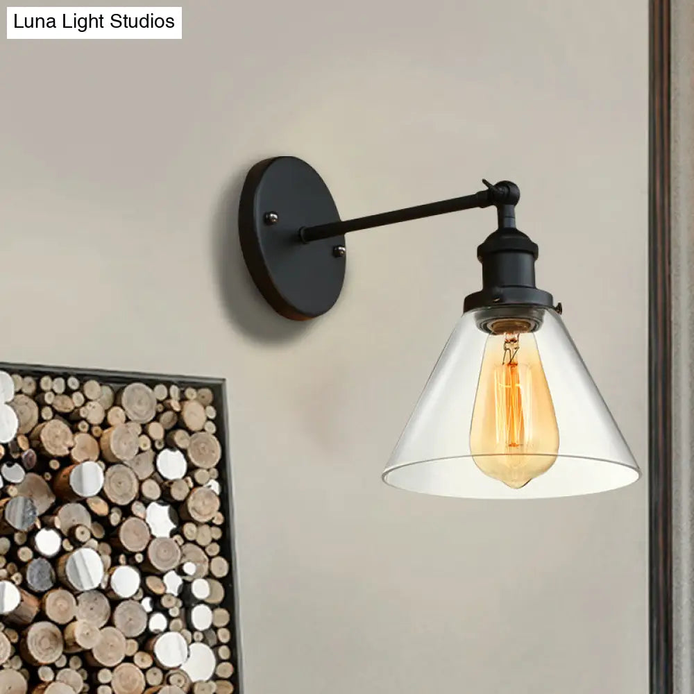 Industrial Wall Sconce Light With Clear Glass Shade - Tapered 1-Light Fixture In