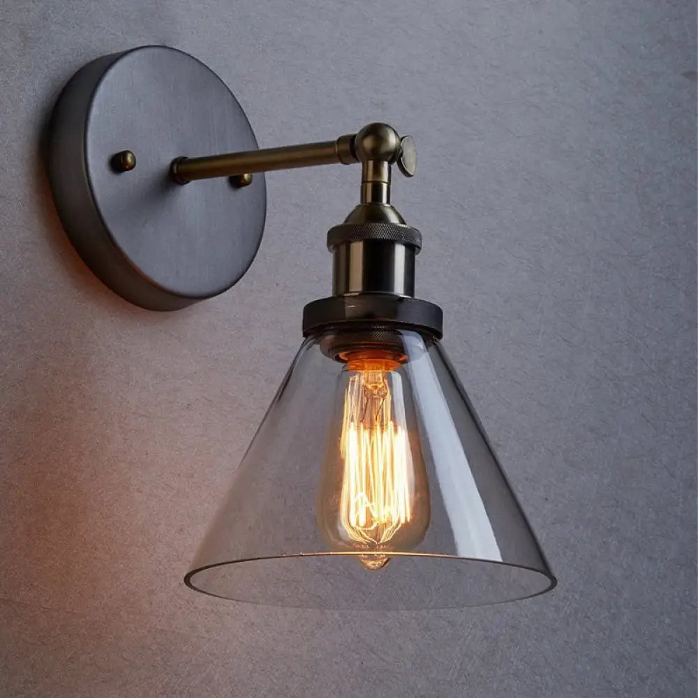 Industrial Wall Sconce Light With Clear Glass Shade - Tapered 1-Light Fixture In