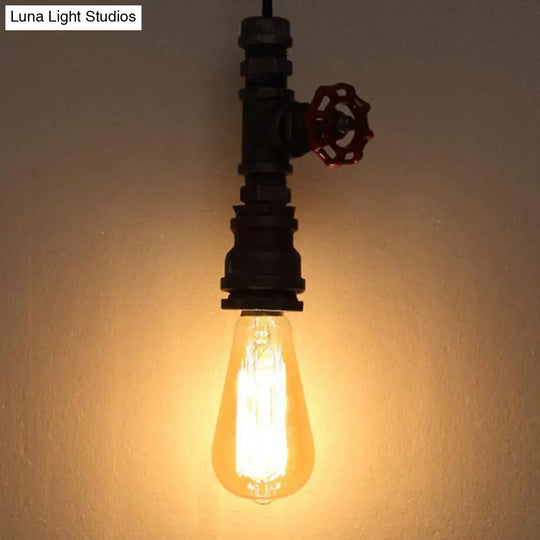 Industrial Water Pipe Bedside Pendant Light Fixture: 1-Head Wrought Iron Hanging Lamp