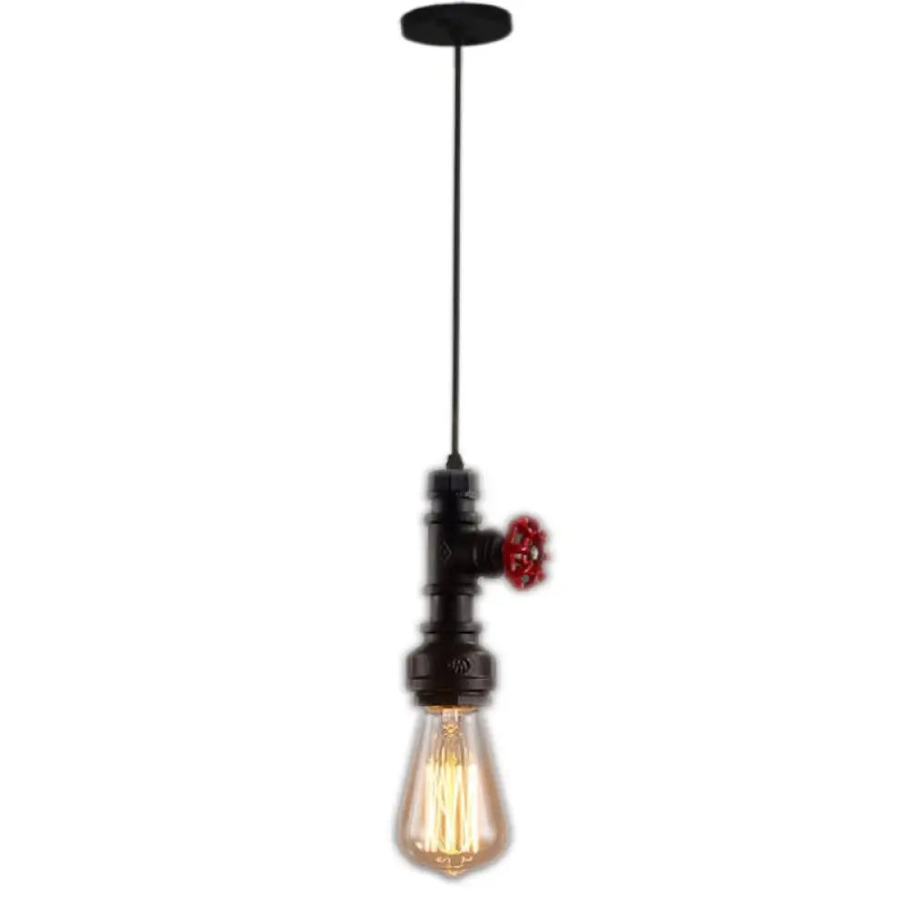 Industrial Water Pipe Bedside Pendant Light Fixture: 1-Head Wrought Iron Hanging Lamp Black