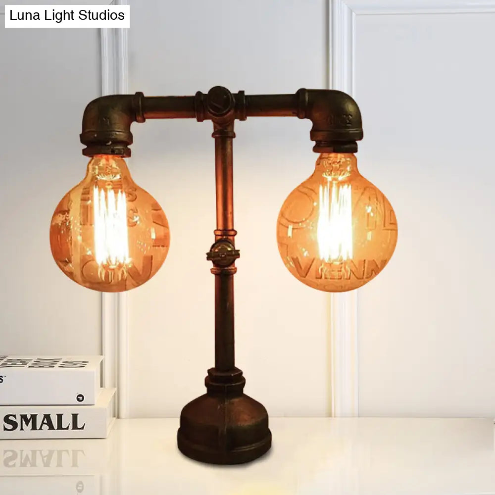 Industrial Water Pipe Table Lamp - 2 Lights Stylish Black Metal Fixture For Restaurant Lighting