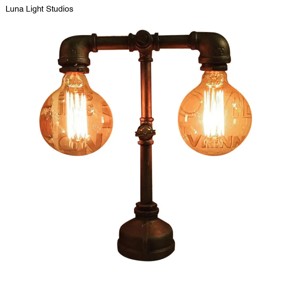 Industrial Water Pipe Table Lamp - 2 Lights Stylish Black Metal Fixture For Restaurant Lighting