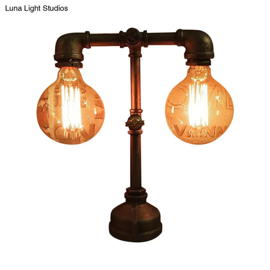 Industrial Water Pipe Table Lamp - 2 Lights Stylish Black Metal Fixture For Restaurant Lighting