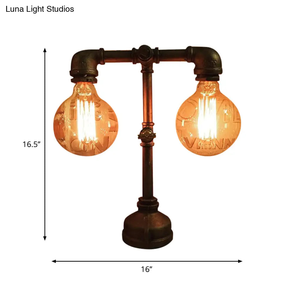 Industrial Water Pipe Table Lamp - 2 Lights Stylish Black Metal Fixture For Restaurant Lighting