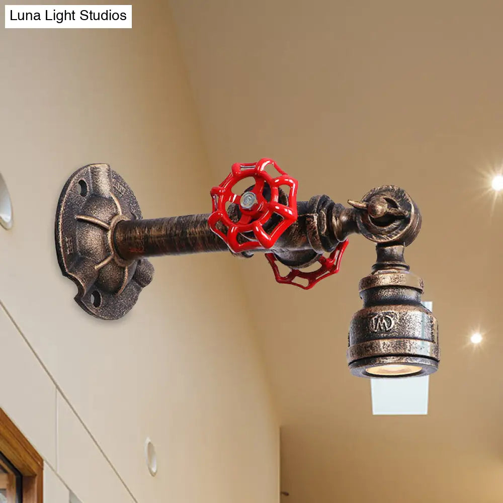 Industrial Water Pipe Wall Lamp - Wrought Iron Valve Design Bronze Finish