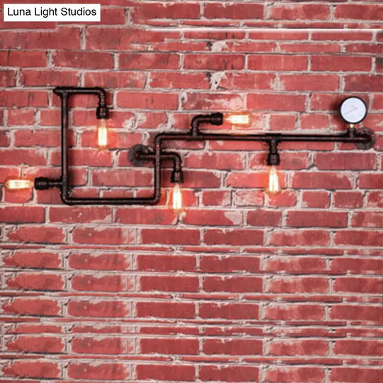 Industrial Water Pipe Wall Sconce With Pressure Gauge For Restaurants - 5-Head Metal Light