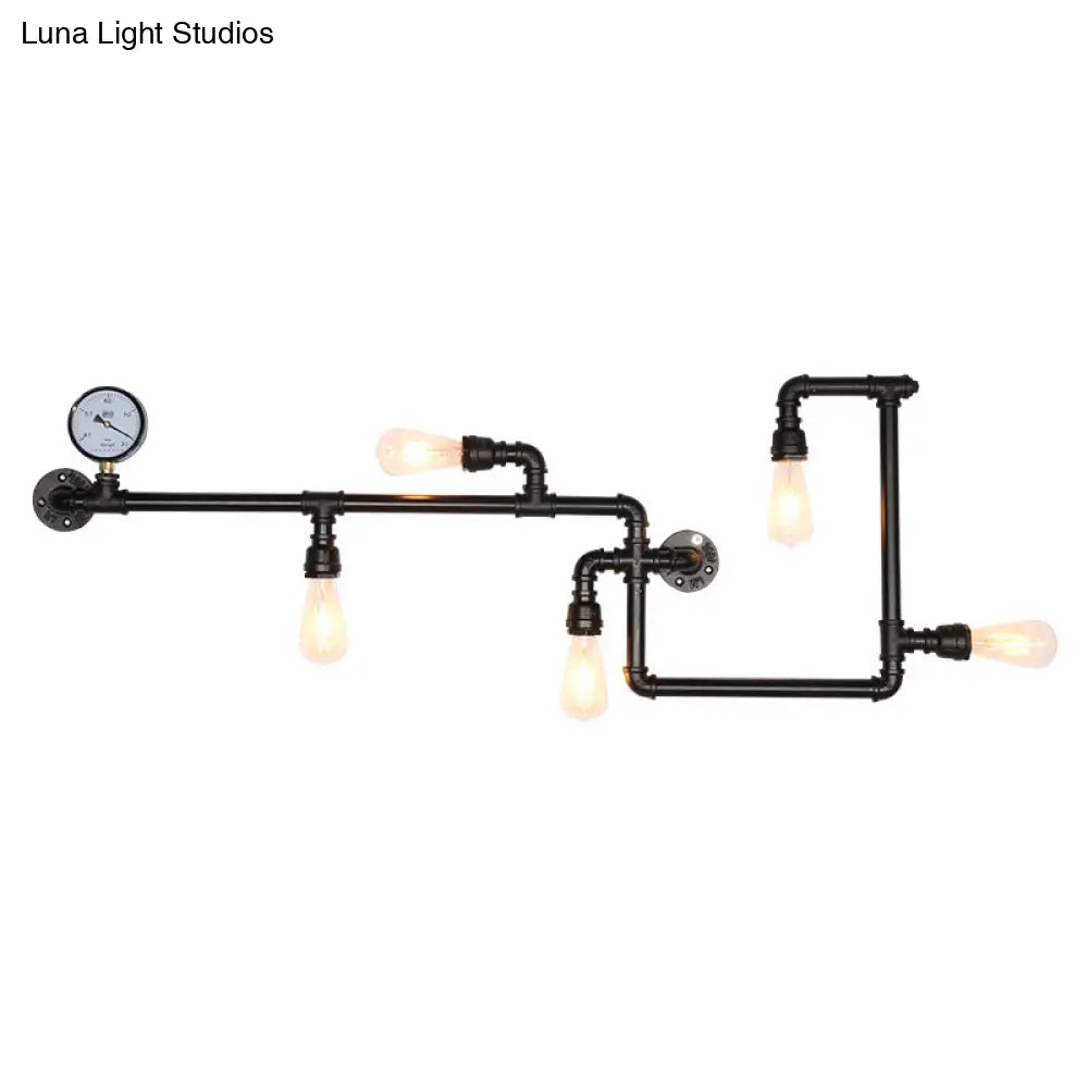 Industrial Water Pipe Wall Sconce With Pressure Gauge For Restaurants - 5-Head Metal Light