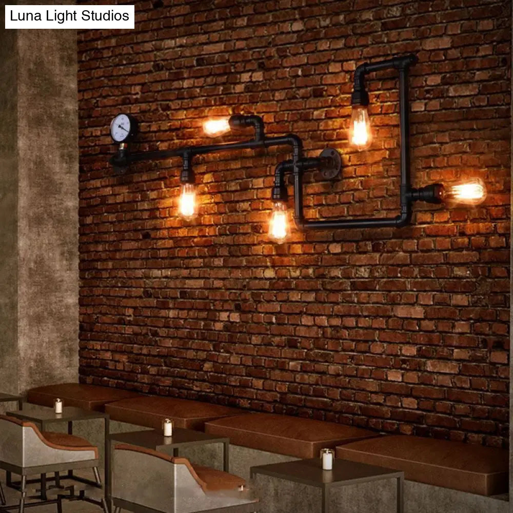 Industrial Water Pipe Wall Sconce With Pressure Gauge For Restaurants - 5-Head Metal Light