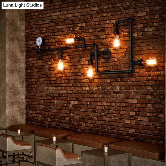 Industrial Water Pipe Wall Sconce With Pressure Gauge For Restaurants - 5-Head Metal Light