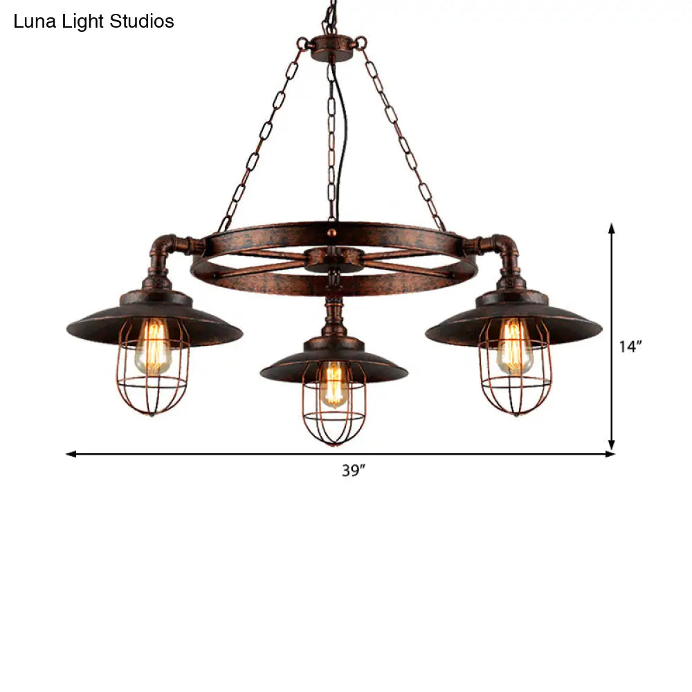 Industrial Weathered Copper Metal Hanging Chandelier - 3-Light Wagon Wheel Shade Pendant Light With