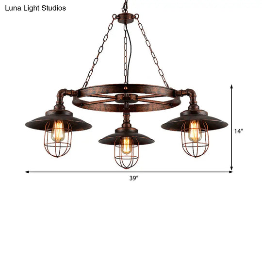 Industrial Weathered Copper Metal Hanging Chandelier - 3-Light Wagon Wheel Shade Pendant Light With