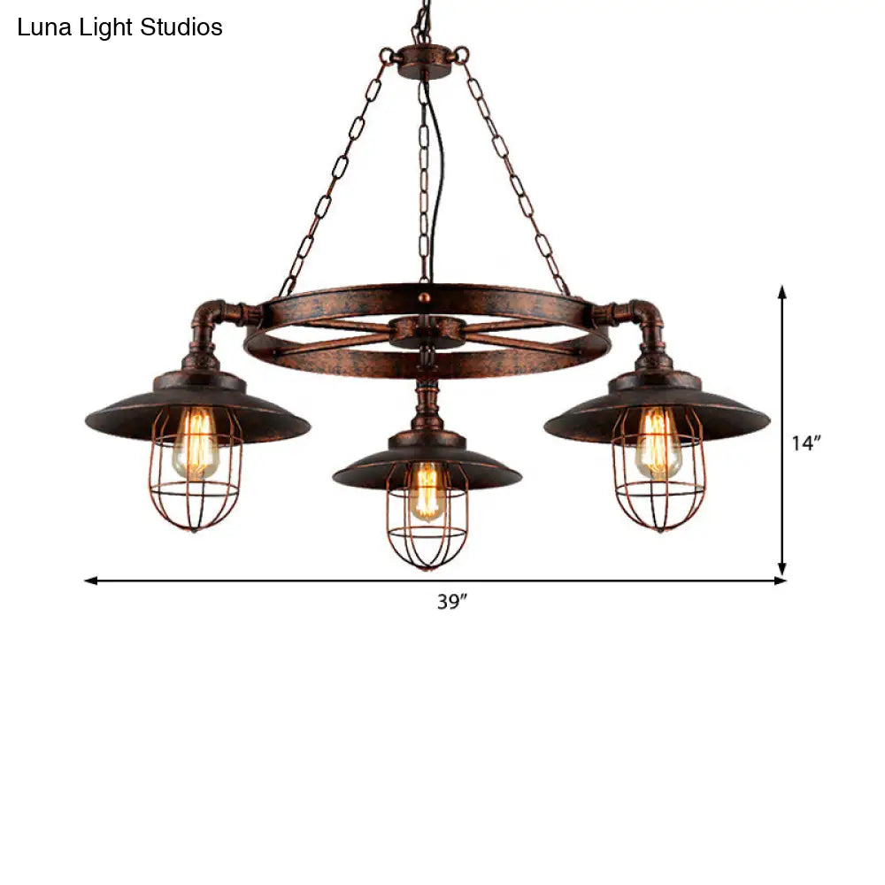 Industrial Weathered Copper Wagon Wheel Chandelier - Rustic 3-Light Pendant Light With Cage For