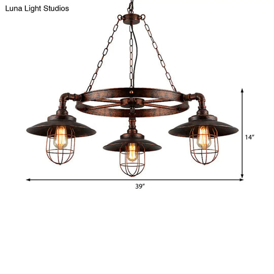 Industrial Weathered Copper Wagon Wheel Chandelier - Rustic 3-Light Pendant Light With Cage For