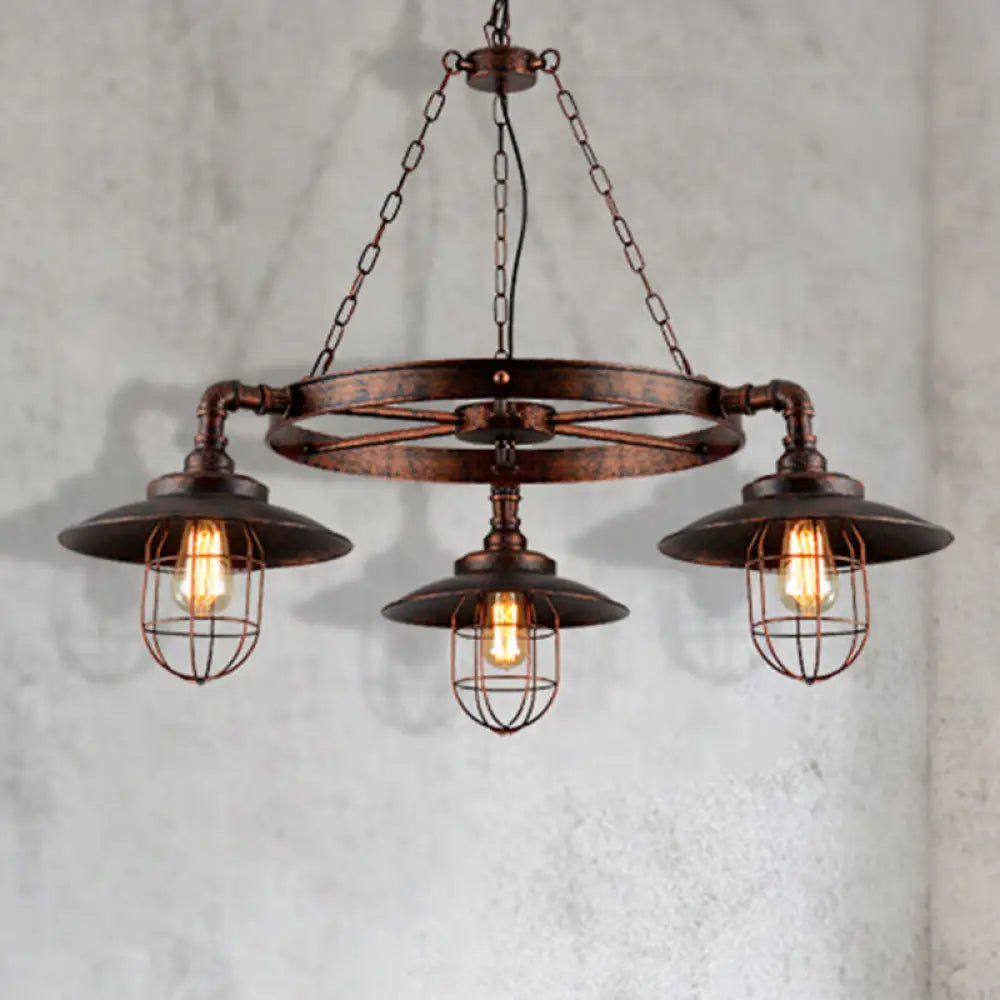 Industrial Weathered Copper Metal Hanging Chandelier - 3-Light Wagon Wheel Shade Pendant Light With