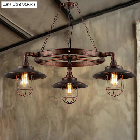 Industrial Weathered Copper Wagon Wheel Chandelier - Rustic 3-Light Pendant Light With Cage For