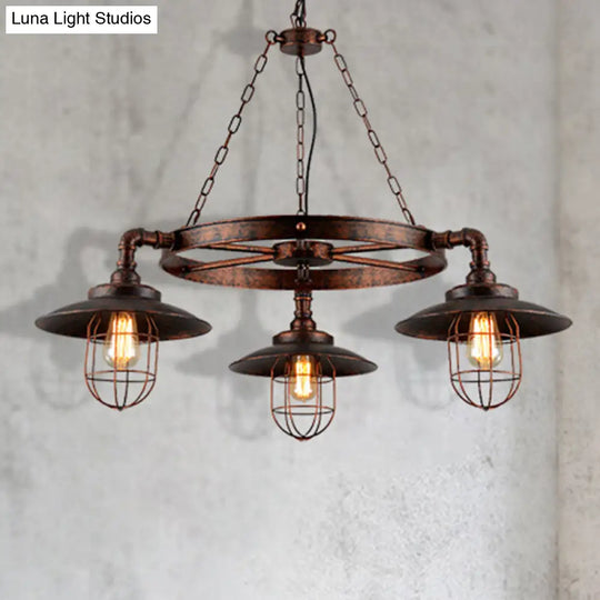 Industrial Weathered Copper Wagon Wheel Chandelier - Rustic 3-Light Pendant Light With Cage For