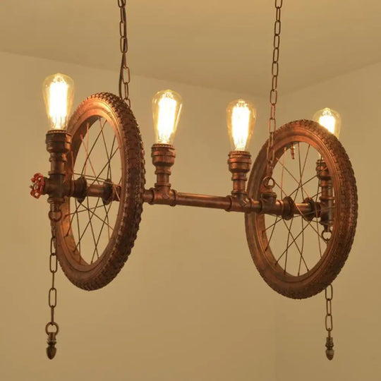 Industrial Weathered Copper Wheel 4-Bulb Hanging Light Kit For Dining Room Island