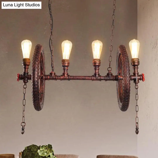 Industrial Weathered Copper Wheel 4-Bulb Hanging Light Kit For Dining Room Island