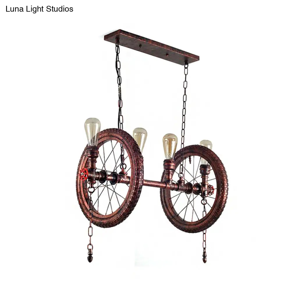 Industrial Weathered Copper Wheel 4-Bulb Hanging Light Kit For Dining Room Island