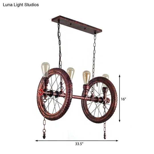 Industrial Weathered Copper Wheel 4-Bulb Hanging Light Kit For Dining Room Island