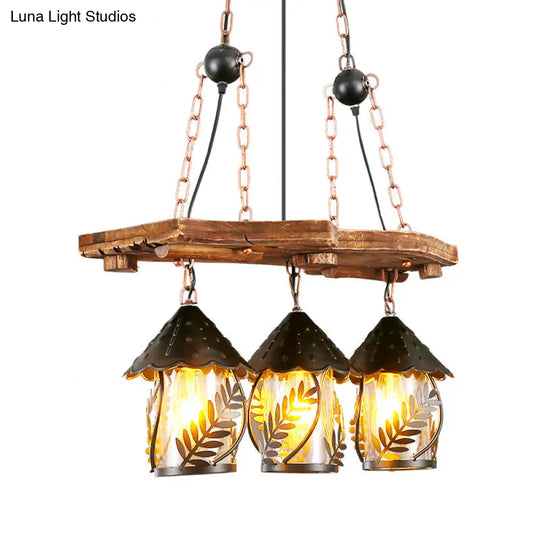 Industrial White/Clear Wood Hanging Pendant Light - 2/3 Lights Lantern Island Lighting For