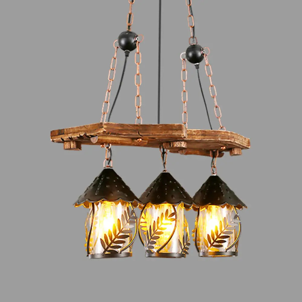 Industrial White/Clear Wood Hanging Pendant Light - 2/3 Lights Lantern Island Lighting For