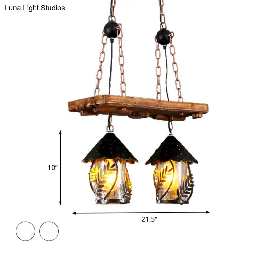 Industrial White/Clear Wood Hanging Pendant Light - 2/3 Lights Lantern Island Lighting For