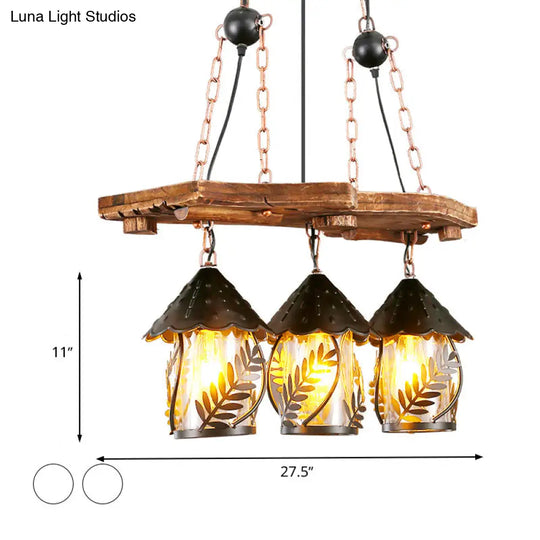 Industrial White/Clear Wood Hanging Pendant Light - 2/3 Lights Lantern Island Lighting For