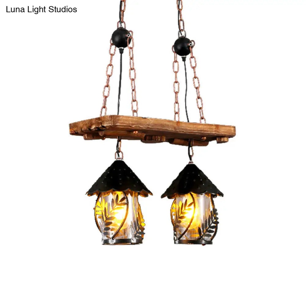 Industrial White/Clear Wood Hanging Pendant Light - 2/3 Lights Lantern Island Lighting For