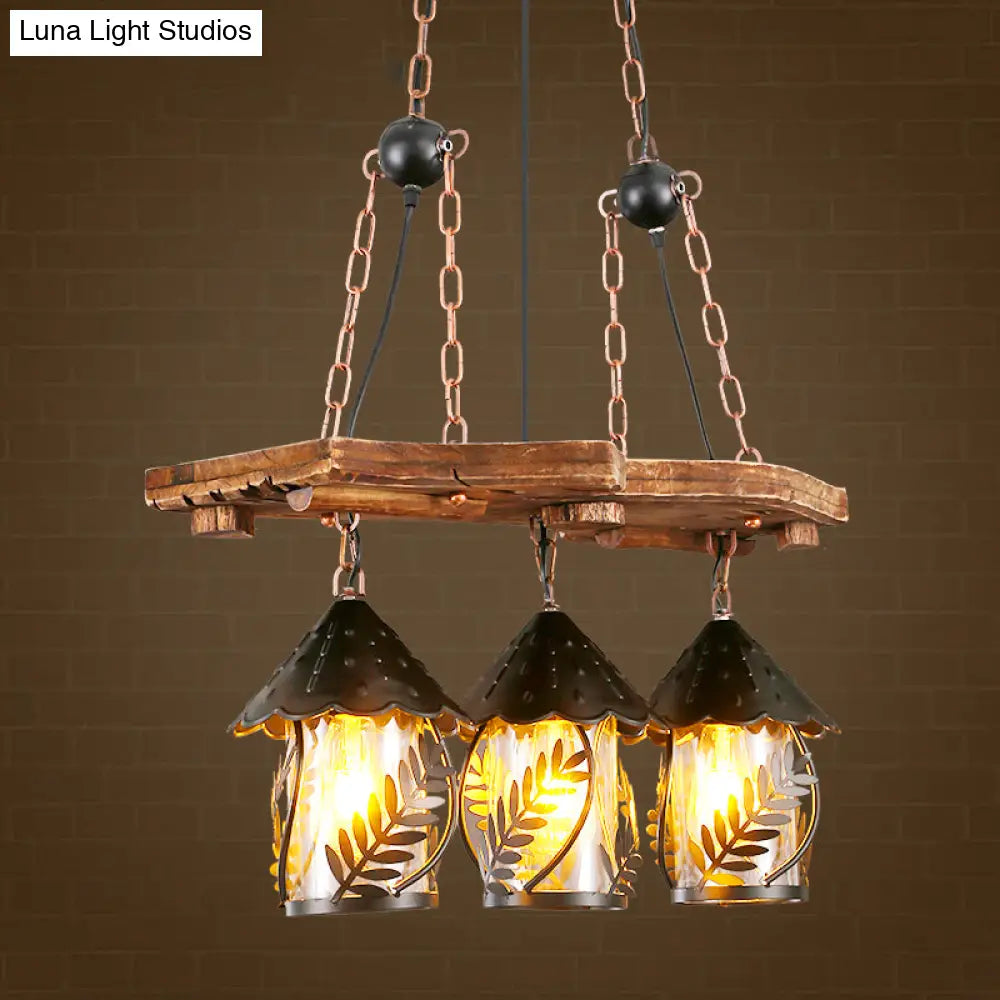 Industrial White/Clear Wood Hanging Pendant Light - 2/3 Lights Lantern Island Lighting For