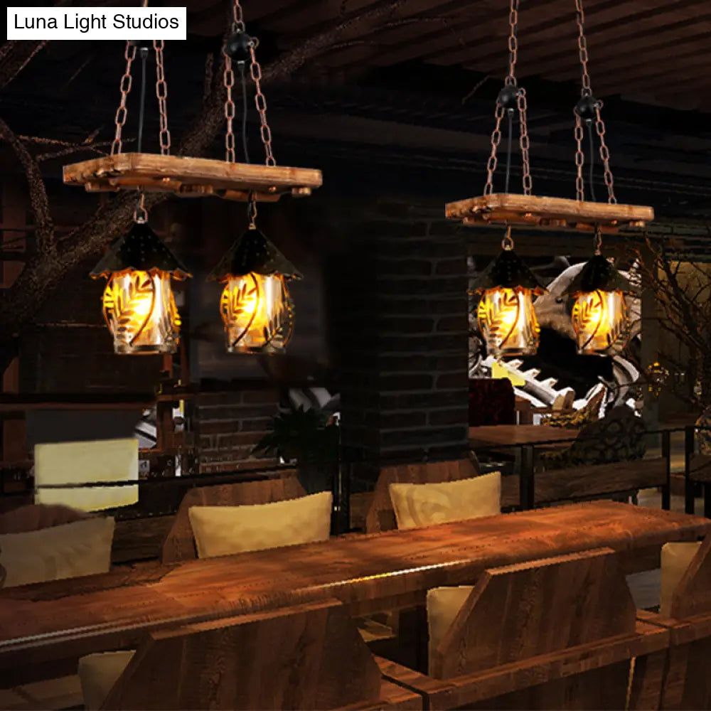 Industrial White/Clear Wood Hanging Pendant Light - 2/3 Lights Lantern Island Lighting For