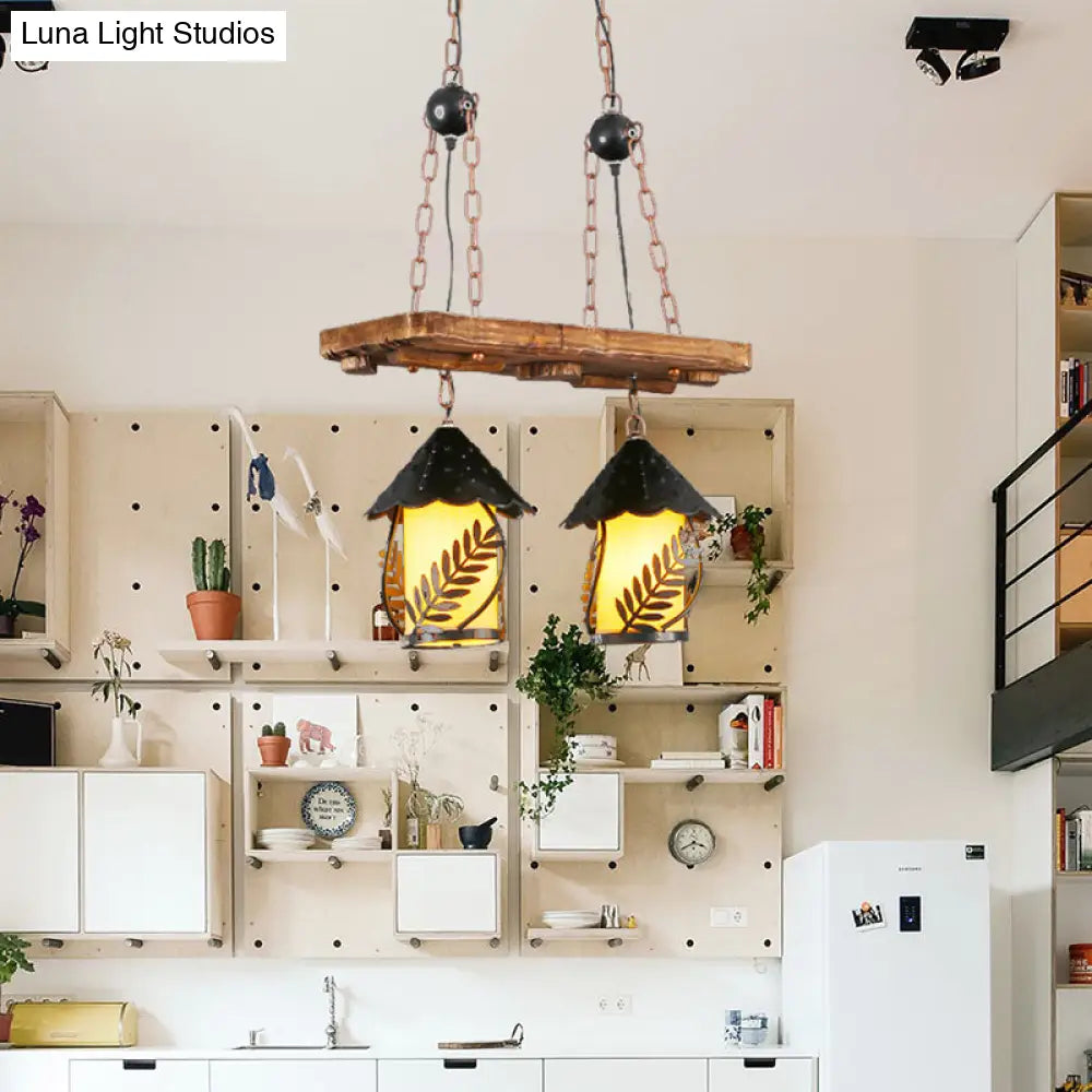 Industrial White/Clear Wood Hanging Pendant Light - 2/3 Lights Lantern Island Lighting For