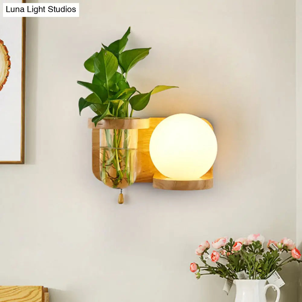 Industrial White Glass Wall Sconce With Led Bulb In Wood - Bedroom Lamp Fixture (Left/Right)