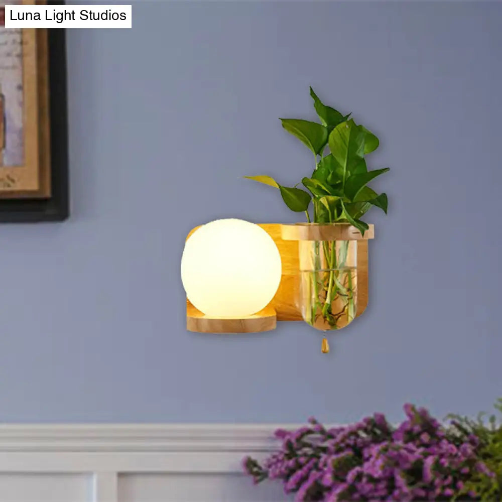 Industrial White Glass Wall Sconce With Led Bulb In Wood - Bedroom Lamp Fixture (Left/Right)