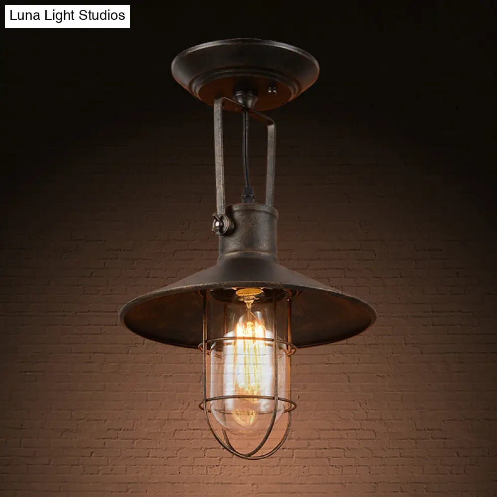 Industrial Wide Flare Semi Flush Mount Lamp In Rust With Cage And Handle