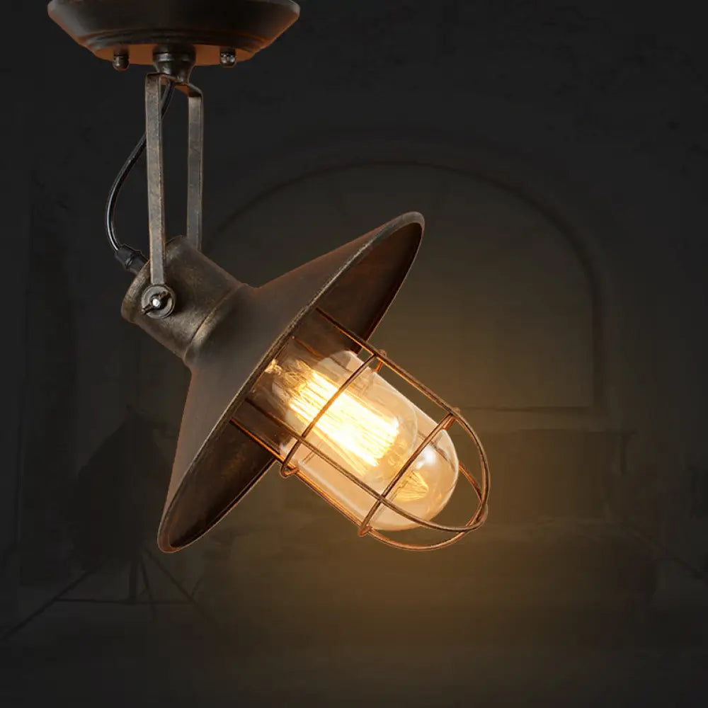 Industrial Wide Flare Semi Flush Mount Lamp In Rust With Cage And Handle