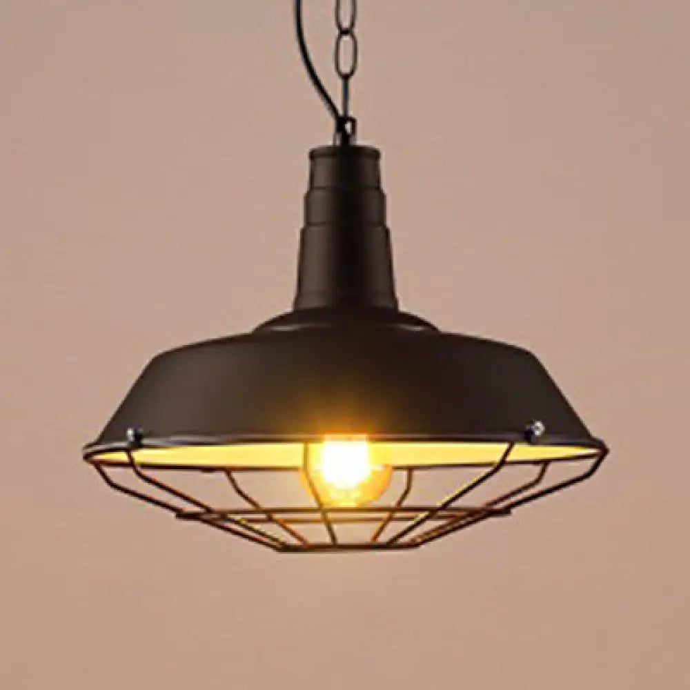 Industrial Wire Cage Pendant Light With Metal Shade Black Suspended Lamp For Warehouse