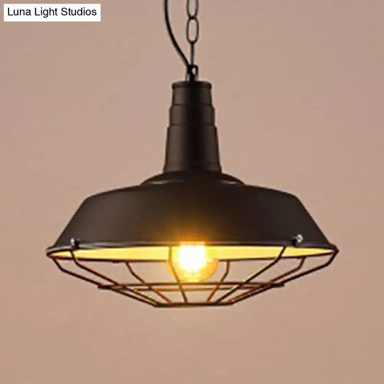 Industrial Wire Cage Hanging Light With Metal Shade - Black (1 Head) For Warehouse