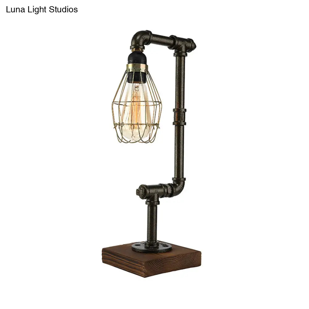 Industrial Wire Cage Table Lamp With Pipe Design - 1 Light Metal And Wood In Black