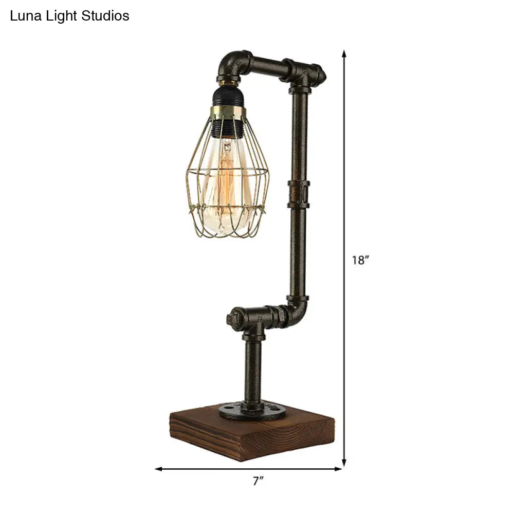 Industrial Wire Cage Table Lamp With Pipe Design - 1 Light Metal And Wood In Black